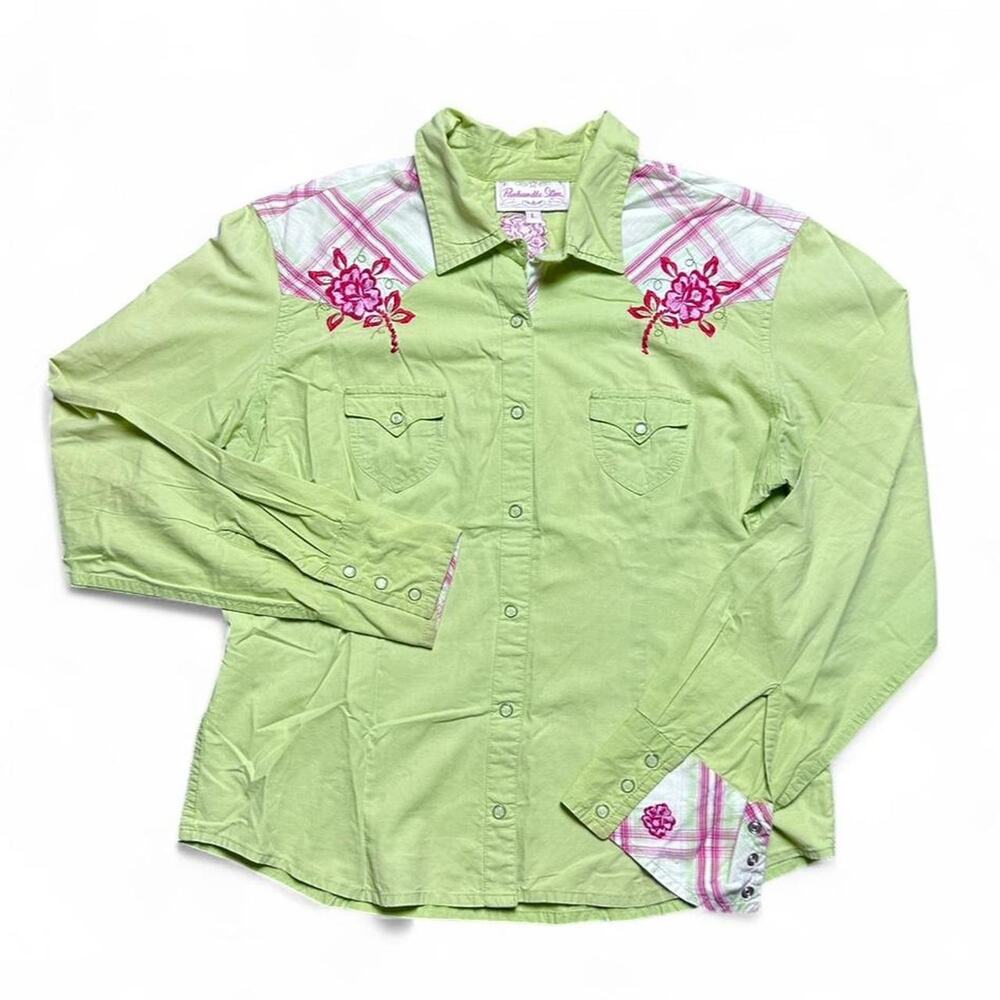 Panhandle Slim Vintage Y2k Cowgirl Western Green Cotton Pearl Snap Rodeo Shirt L